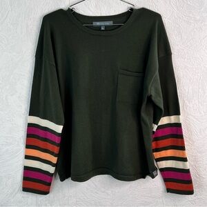 Title Nine Synergy Crew Neck Green Sweater with Striped Sleeves Size Large